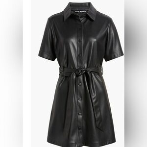 FAUX LEATHER BLACK MIDI DRESS WITH TIE